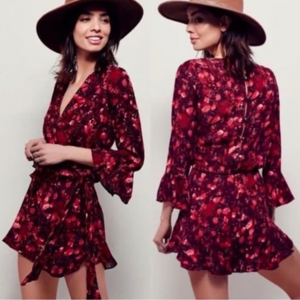 Free People XS womens wrap mini ruffle dress long sleeve dark floral plunge soft